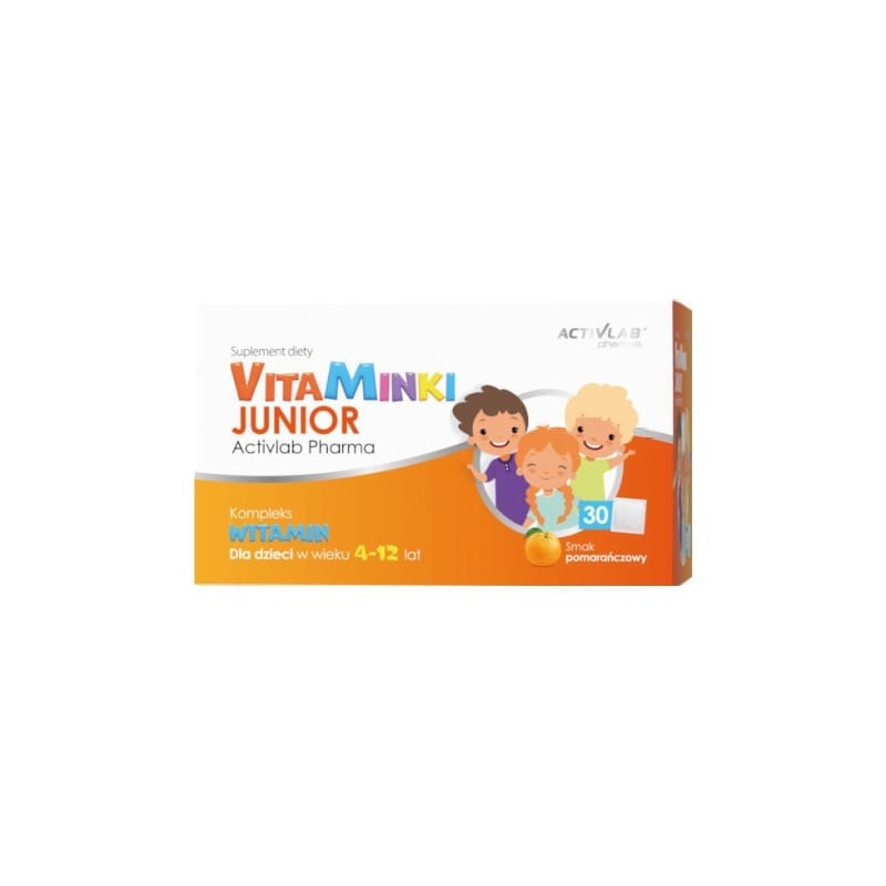 Vitamine pentru copii – VitaMinki Junior Activlab, aromă de portocală (30 plicuri x 3 g)