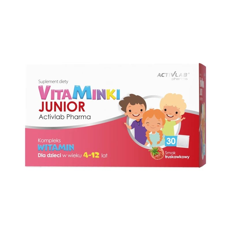 Vitamine pentru copii – VitaMinki Junior Activlab, aromă de căpșuni (30 plicuri x 3 g)