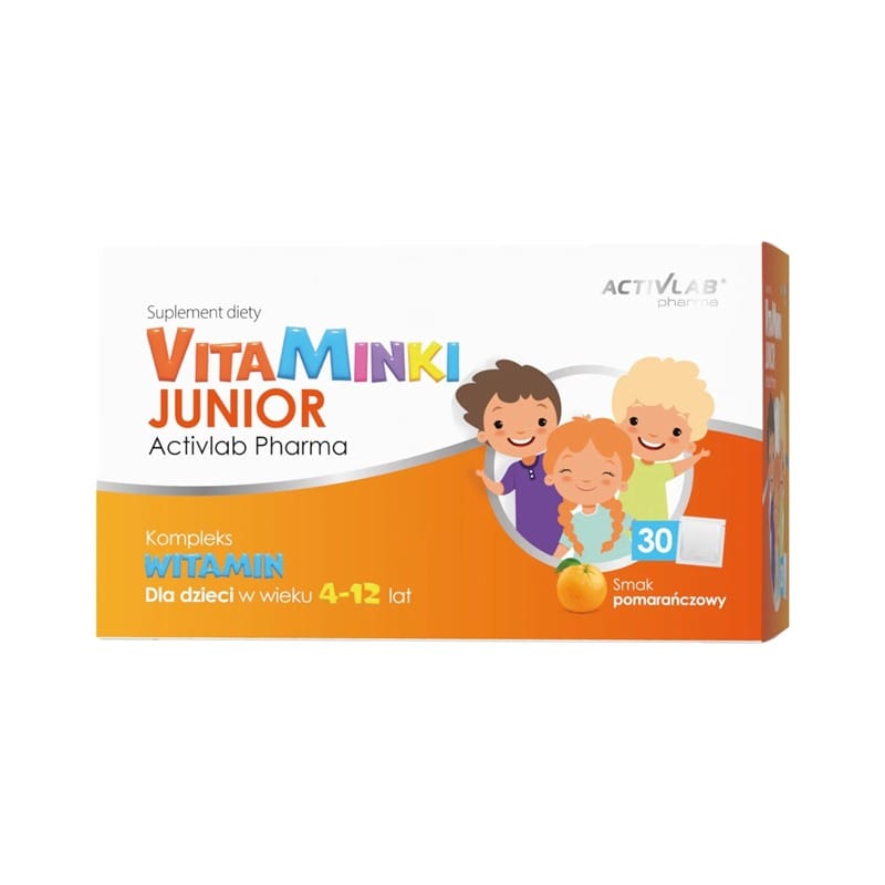Vitamine pentru copii – VitaMinki Junior Activlab, aromă de portocală (30 plicuri x 3 g)
